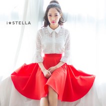 다홍 화이트 미디 플레어 스커트 봄 여름 밴딩 A라인 롱 고무줄 가을 오렌지 레드 빅사이즈 치마 정장 여성 여자