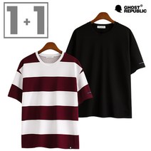 고스트리퍼블릭 남성용 리버플 무지+스트라이프 오버핏 반팔 티셔츠 1+1
