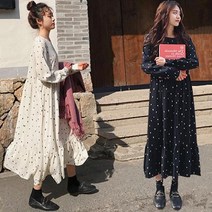 [실버캣] 밑단프릴 도트무늬 플레어롱원피스