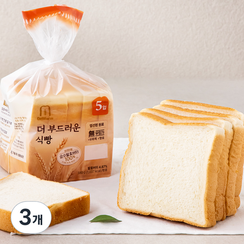 [로켓프레시] 델리팜 더 부드러운 식빵 5입, 3개, 380g