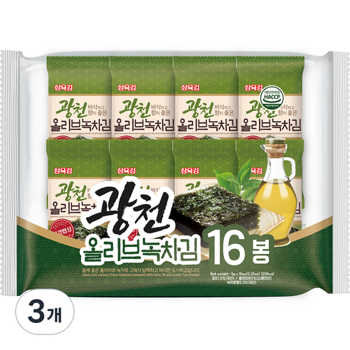 삼육김 광천 올리브 녹차 도시락김 16p, 64g, 3개