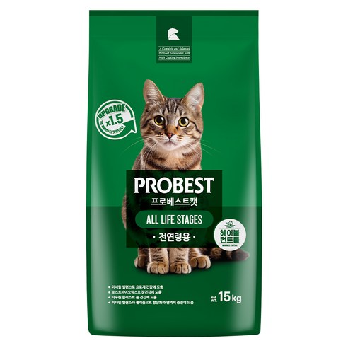 프로베스트 고양이 그린 전연령 기능성 사료, 헤어볼+장건강, 15kg, 1개
