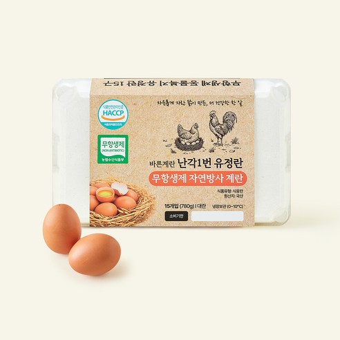 무항생제 인증 바른계란 난각1번 유정란 자연방사 계란 대란, 1개, 15구