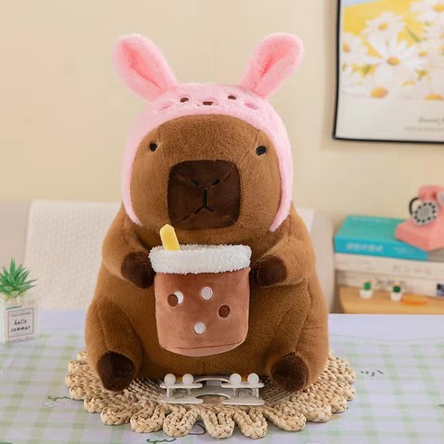 카피바라 봉제인형, 40cm, 핑크모자버블티, 1개