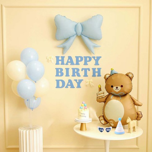 [파티랑]더스티 파스텔 리본 스탠드 생일파티 가랜드풍선세트, 1세트, 22)피콕블루 케익곰돌이형 (블루) 풀옵션