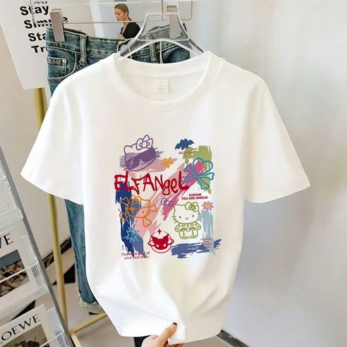 FONOW 반팔티셔츠 캐릭터 그라피티 여성티셔츠 오버핏 남성티셔츠 여름 반팔면티
