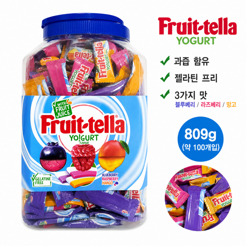 굿픽샵 프루텔라 요거트 젤리 대용량 809g 과즙젤리 3종믹스 젤라틴프리+고급사탕 증정, 100개, 809g