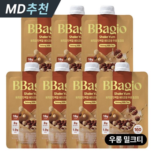 바지오 단백질 쉐이크얌 우롱 밀크티 45g x 7포(1세트) 프리미엄단백질 로열밀크티맛쉐이크 우롱티맛, 7개, 45g