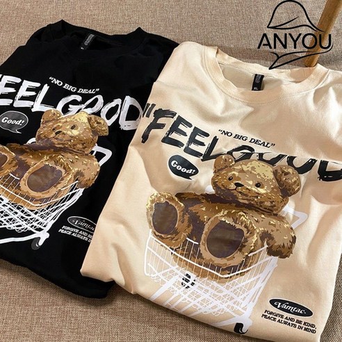 ANYOU 곰돌이 커플 루즈핏 반팔티 남녀 공용 귀여운 티셔츠