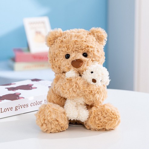 엄마아기 곰 인형 귀여운 토끼 애착 인형 아이 안아 자는 침대 인형, 라이트브라운 엄마아기 곰, 30cm