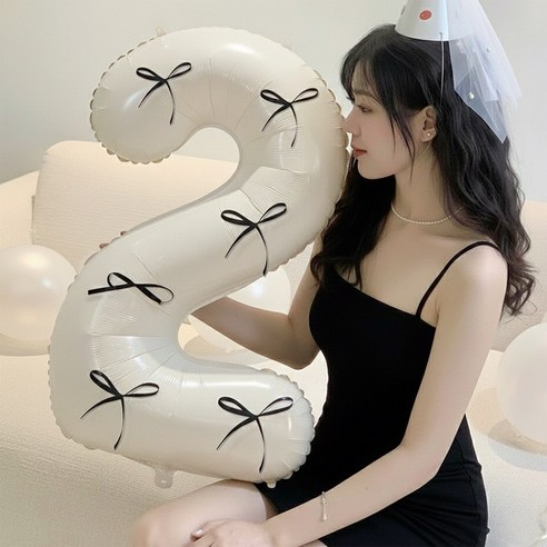 블링살롱 발레코어무드 블랙 리본 대형 숫자 풍선 감성 홈파티 생일 파티용품, 1개, 숫자 2
