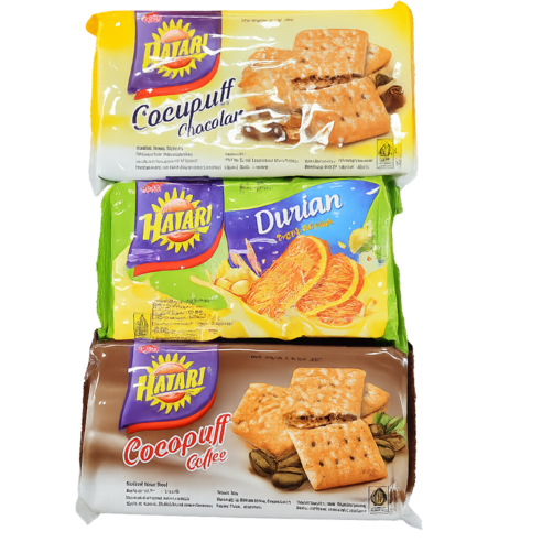 Hatari Cocopuff Biskuit 3 Varian Chocolate Coffee Durian Snack Indonesia, 1세트, 510g