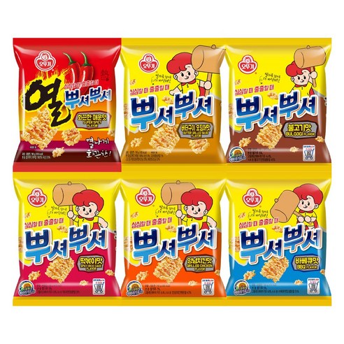 오뚜기 뿌셔뿌셔 6종 4개씩(매운맛+버터오징어+불고기+바비큐+양념치킨+떡볶이), 90g, 24개