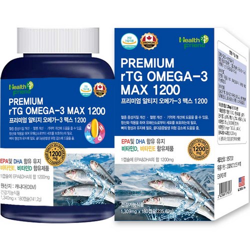 헬스프랜드 프리미엄 rTG 알티지 오메가3 1200 6개월분 EPA DHA 비타민D 비타민E 함유, 180정, 1개