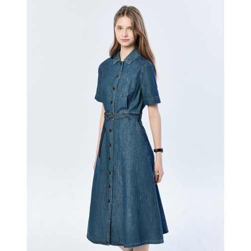 헤지스 [데님]블루 반소매 오픈 카라 원피스 YMHSDR5A102B2
