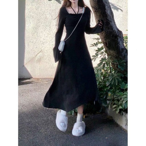 SunburstWonder 여성 가을 겨울 조거 날씬해 보이는 빈티지 니트 긴팔 원피스