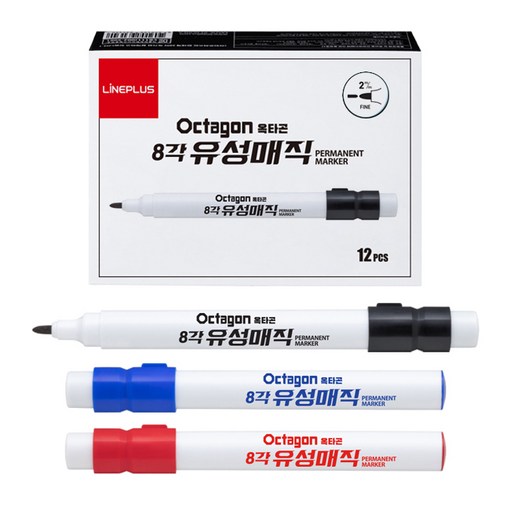 라인플러스 옥타곤 8각 유성매직 가는 둥근닙 2mm 12개입 빨강