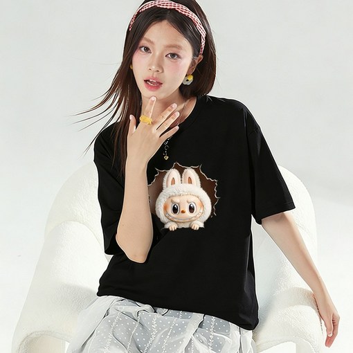 FONOW 반팔면티 순면 100 남성 루즈핏 반팔티 빅사이즈 패션 여성티셔츠 편안한 통기성 여름 이지웨어 맨투맨티셔츠 라부부 프린트 빅사이즈 여성쇼핑몰
