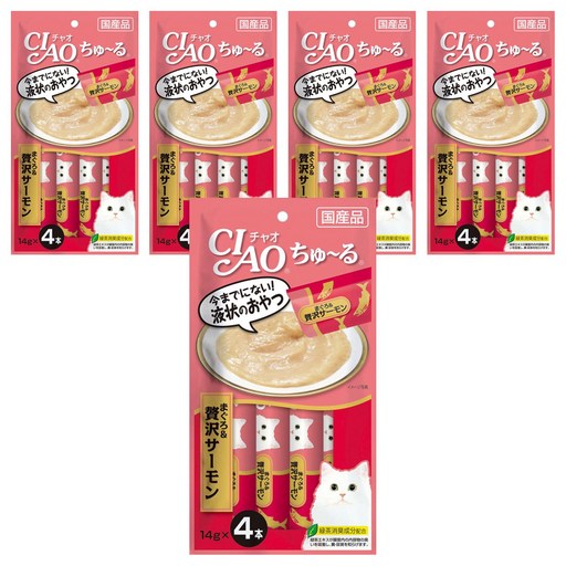 INABA CIAO 啾嚕 綜合營養食肉泥 鮪魚海鮮味 14g x 20本 綠茶消臭成分配合, 5袋, 56g, 鮪魚 + 鮭魚