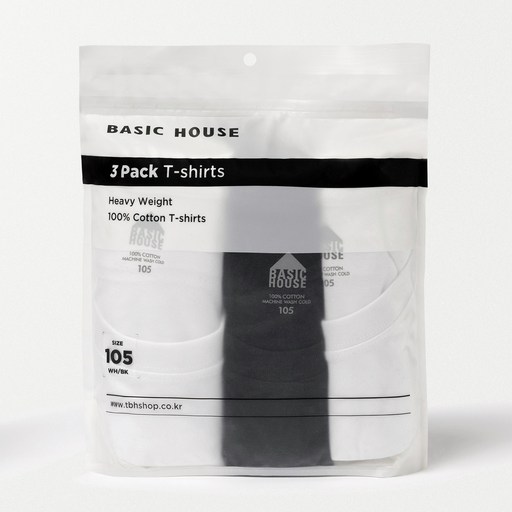 BASIC HOUSE 純棉重磅短袖T恤 3件組, 白色 + 黑色 + 白色