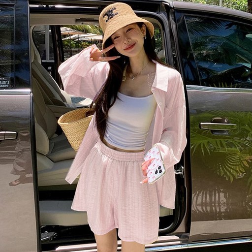 모던허니 여성 여름 루즈핏 긴팔 셔츠 허리밴딩 반바지 투피스 세트 셋업 오버핏 캐주얼 린넨 휴가룩 간절기템