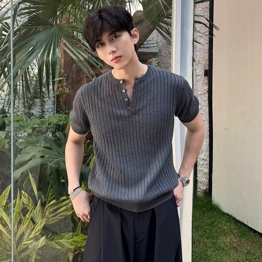 ANYOU 여름 남자 헨리넥 티셔츠 버튼 디테일 와플 니트 티셔츠 데일리 머슬핏 반팔