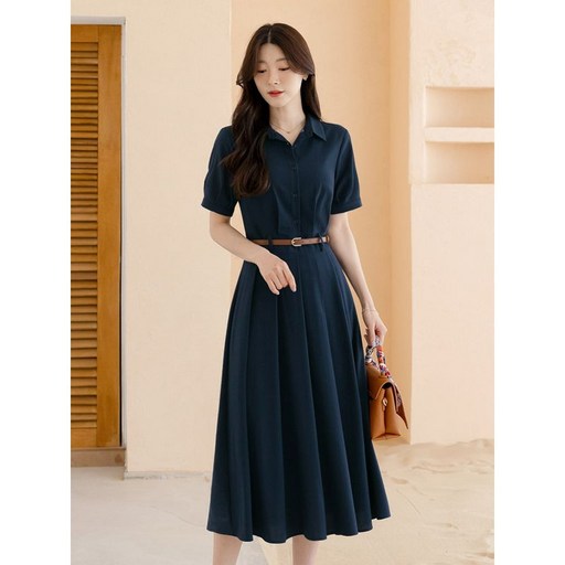 시크라인 XXL까지 카라넥 하프 슬리브 핀턱 플리츠 벨트 원피스 여름 하객룩 오피스룩 모임 미시 빅사이즈