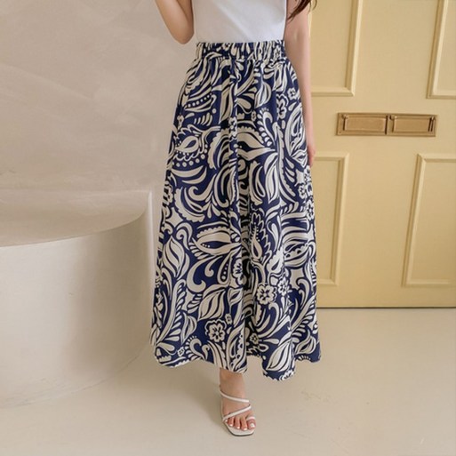 여성 나염 패턴 후레아 롱 맥시 훌 A라인 플레어 밴딩 스커트 치마