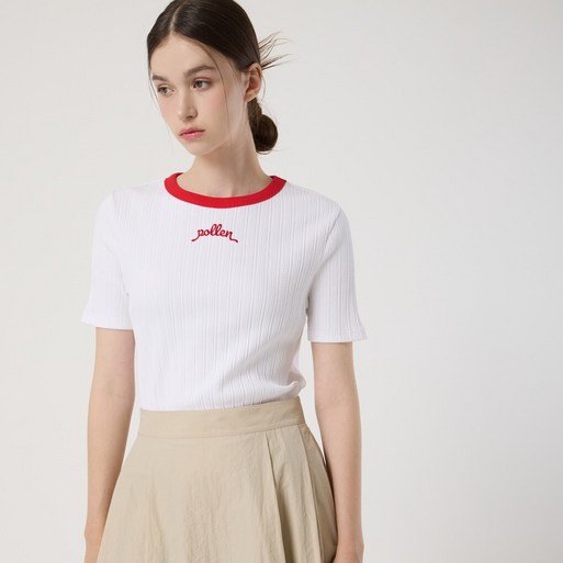 AK플라자 씨씨콜렉트 넥 배색라인 하프슬리브 티셔츠 C252PSM053