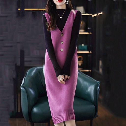 슬림소녀 여성 가을 브이넥 뷔스티에 니트 롱 원피스 니트 민소매 원피스