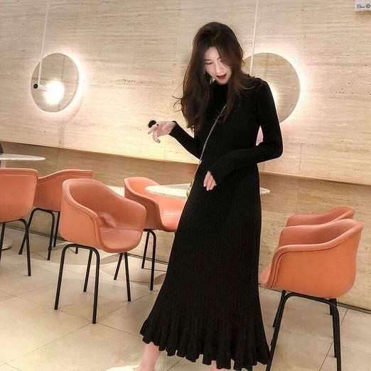 COSYEVNO 여성 니트 원피스 봄 가을 라운드 패션 슬림 긴팔 머메이드 스커트 lyjlyq19