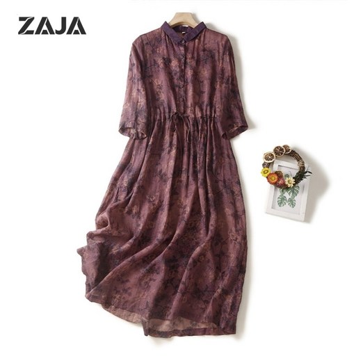 ZAJA 여성 여름 롱원피스 플라워 패턴 루즈핏 셔츠형 원피스 허리스트링 데일리룩