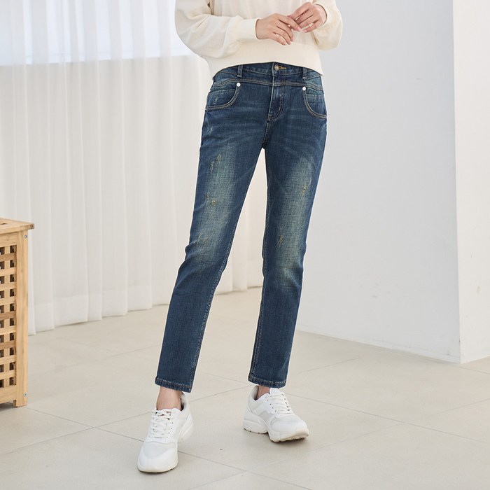 클로니아 여성용 따뜻 본딩 기모 배기핏 스판 워싱 데미지 절개 데님 팬츠 CR9W02