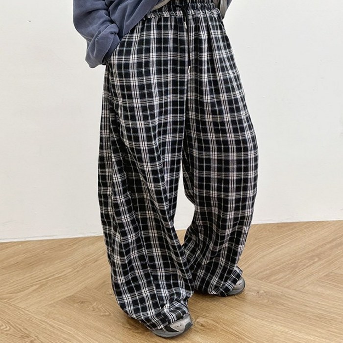엘리즈데이 빅와이드체크팬츠 빅사이즈 홈웨어 와이드 벌룬 밴딩 바지