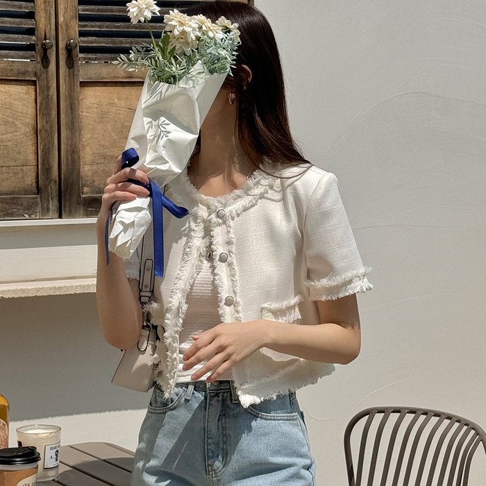 Buyello Fashion 여자 트위드 수슬 반팔 자켓 국내제조 사이즈Free  상세페이지 참조