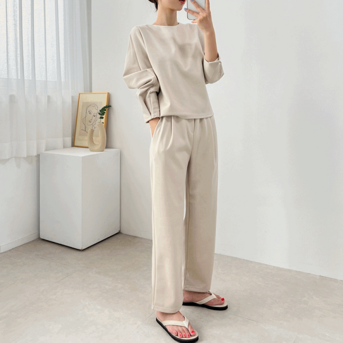 (set) 마랑 데일리 핀턱 티셔츠 세미 와이드 밴딩 팬츠 트레이닝 세트 3color