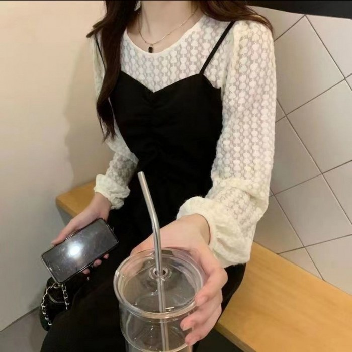 해피유통 여성 키작녀 레이스 패치 레이어드 데일리 긴팔 원피스 mmwx