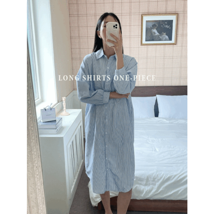 스트라이프 셔츠 롱원피스 M053OPS1001