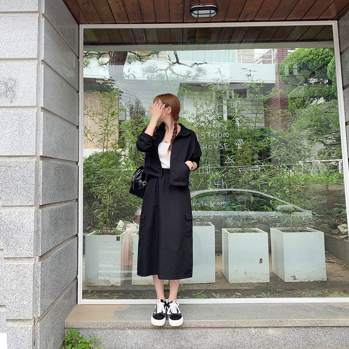 큐니티 여성용 바스락 바람막이 집업 카고 롱 스커트 투피스 세트
