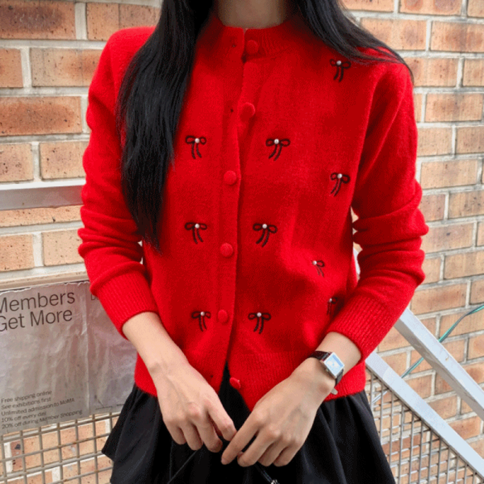 러블리 빅 리본 타이 진주 니트 가디건 3color