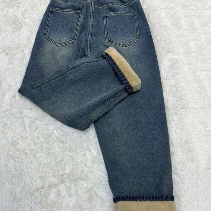 여성 겨울 기모 밴딩 배기 청바지 캐주얼 도톰 와이드 데님 긴 팬츠