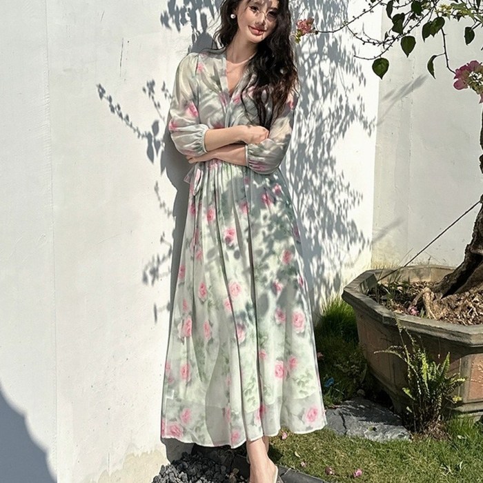 결앤무드 쉬폰 롱 원피스 투피스 플로럴 플라워 꽃무늬 여성 V넥