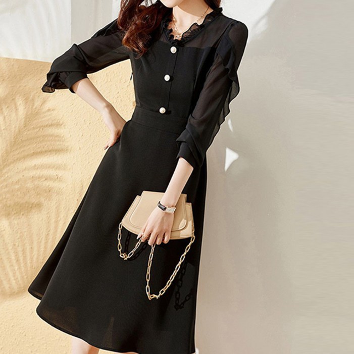 페이퍼먼츠 프릴 브이넥 블랙 쉬본 봄 가을 원피스 03932 빅사이즈 포함