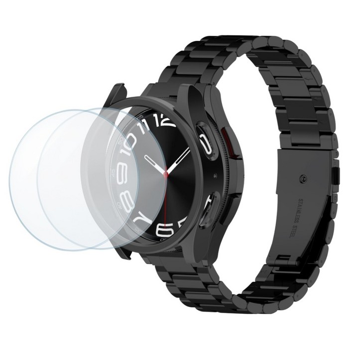 칸탐 갤럭시워치 6 클래식 메탈 스트랩  강화유리 필름  하드 케이스 세트, 블랙, 1개