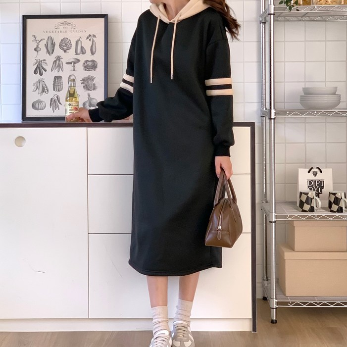 아피나르 여성용 루즈핏 기모 후드 롱 원피스