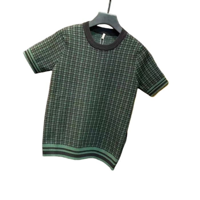 십전십미 남자 슬림 라운드 자카드 도톰 니트 캐주얼 반팔 니트