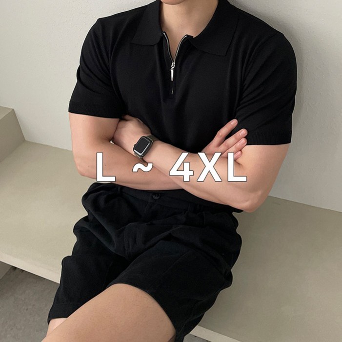 어둑 남자 빅사이즈 머슬핏 지퍼 니트 반팔카라티