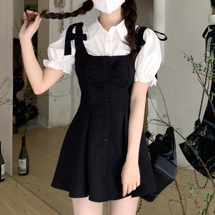 cammello 걸리쉬 화이트 반팔 셔츠  뷔스티에 미니 원피스 세트 프레피룩 셋업