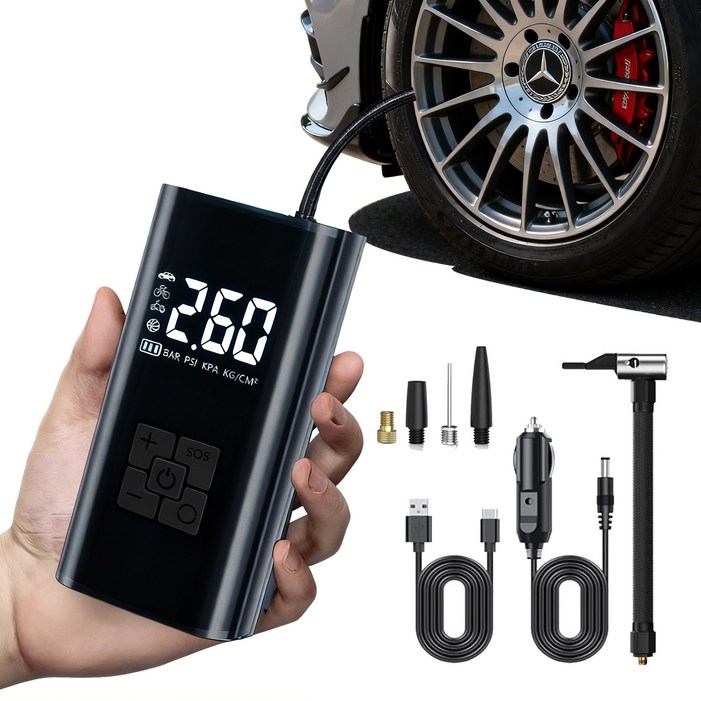 타이어 공기압 주입기  휴대용 무선 올인원  세트 6000mAh  타이어 압력 모니터링led손전등보조배터리자동차 농구공 자전거 오토바이 다용도에어펌프