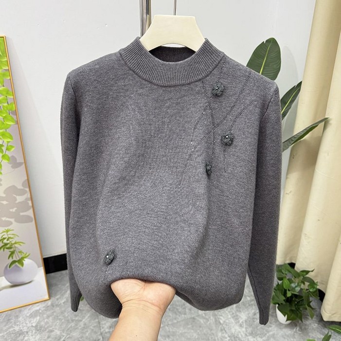 캐주얼 중장년 여성 니트 스웨터 빅사이즈 보온 반폴라 상의 가을 겨울 여자 니트티 CJJ